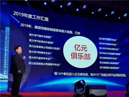程力汽車集團總經理程阿羅向大會作主題演講報告，并全面部署2020年工作計劃。 程力集團公司總經理向年會報告2019年工作完成情況，以及2020年主要工作任務和集團“四五”規劃及長遠規劃的有關情況。 他講到，剛剛過去的2019年，程力公司面臨國內外汽車市場低迷的不利形勢，集團廣大干部職工團結一心，發揚頑強拼搏、銳意進取的精神，用汗水詮釋責任，實干篤定前行，使集團公司的生產經營實現了逆勢上揚。程力專汽全年產值突破60億元，同比增長20%，出口創匯3050萬美元，上交稅金6468萬元，底盤銷售突破2萬臺